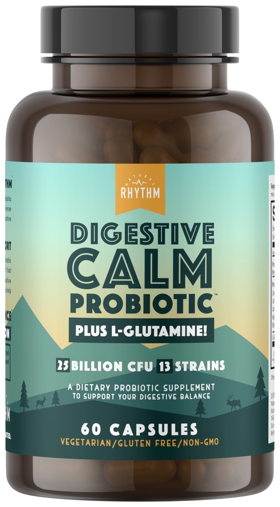 Natural Rhythm Digestive Calm Probiotic + L-Glutamine – 25 Billion CFU, 13 Strains, Digestive & Immune Support Supplement, Vegetarian Capsules (60 Count)