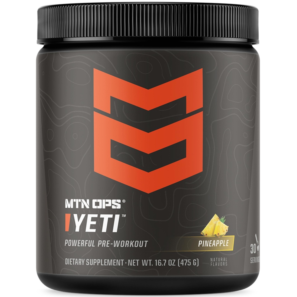 MTN OPS Yeti Pre-Workout Powder Energy Drink with Creatine, 200mg Caffeine & BCAAs with Beta Alanine, 30-Serving Tub, Pineapple Crush