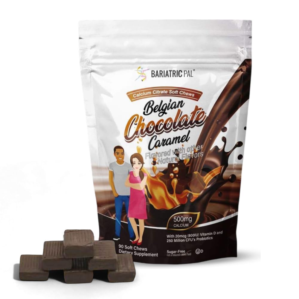 BariatricPal Sugar-Free Calcium Citrate Soft Chews | 500mg with Vitamin D & Probiotics | Belgian Chocolate Caramel | 90 Count (1 Month Supply)