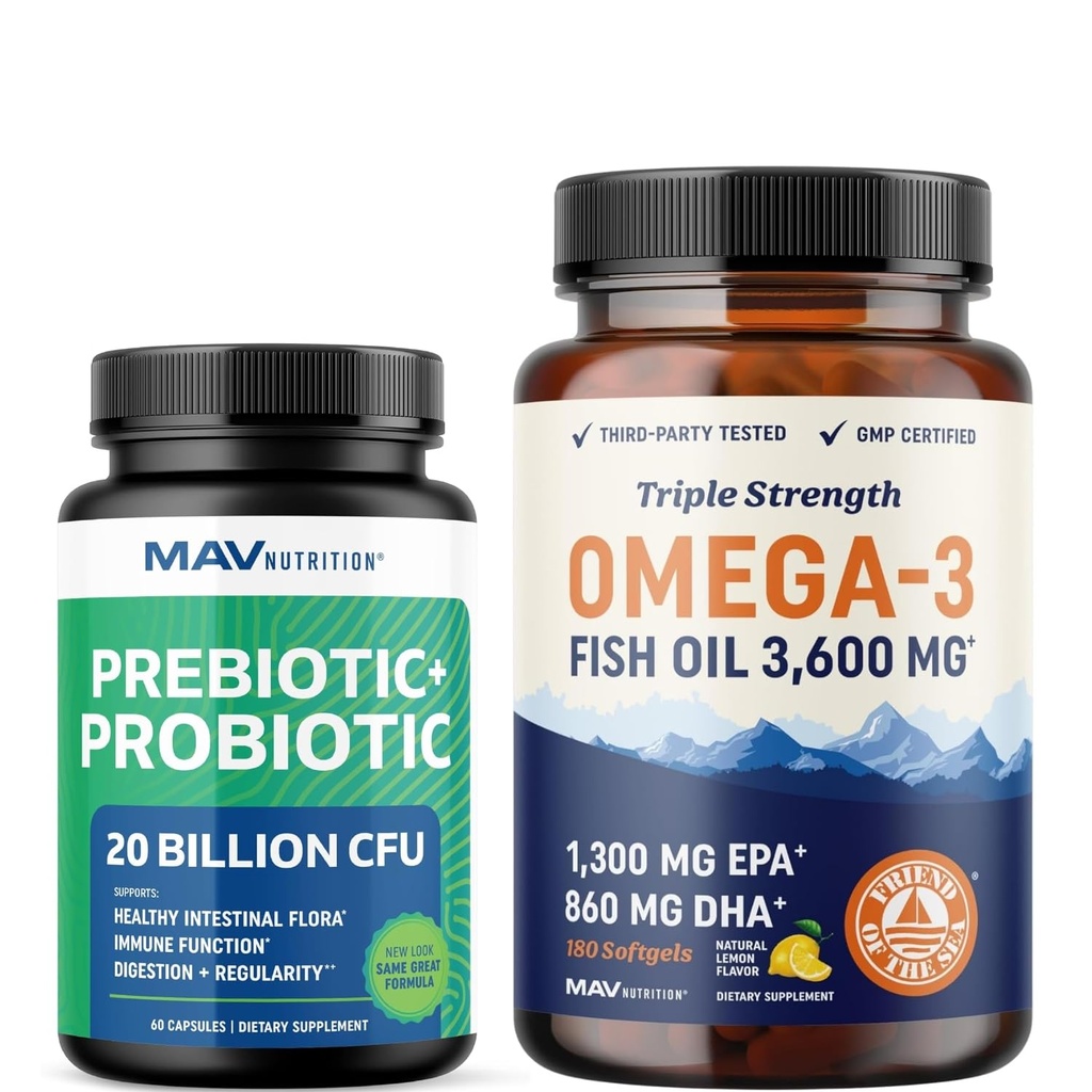Omega 3 Fish Oil and Probiotic Capsules | Triple Strength EPA & DHA Omega 3 Burpless Softgels Plus Probiotic & Prebiotic Capsules for Gut Health & Immune Support | 60 Servings Each