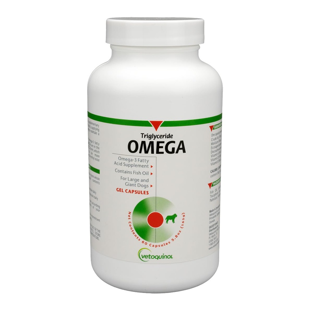 Vetoquinol Triglyceride Omega - Fish Oil for Dogs & Cats - Supports Healthy Skin, Coat & Normal Immune Response - Supplement with Vitamin Blend for Heart, Eye, Bone & Muscle Support - 60 Capsules