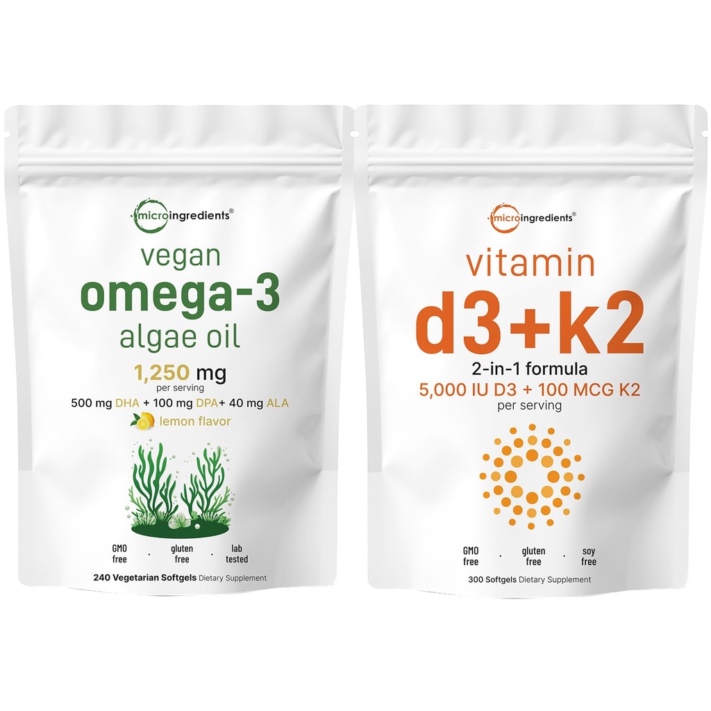 Micro Ingredients Vitamin D3 5,000iu + K2 100mcg Softgels & Vegan Omega 3 Algae Oil Supplement Bundle 2 Pack | Essential Sunshine Vitamins | Omega-3 Full Spectrum Alternative to Fish Oil