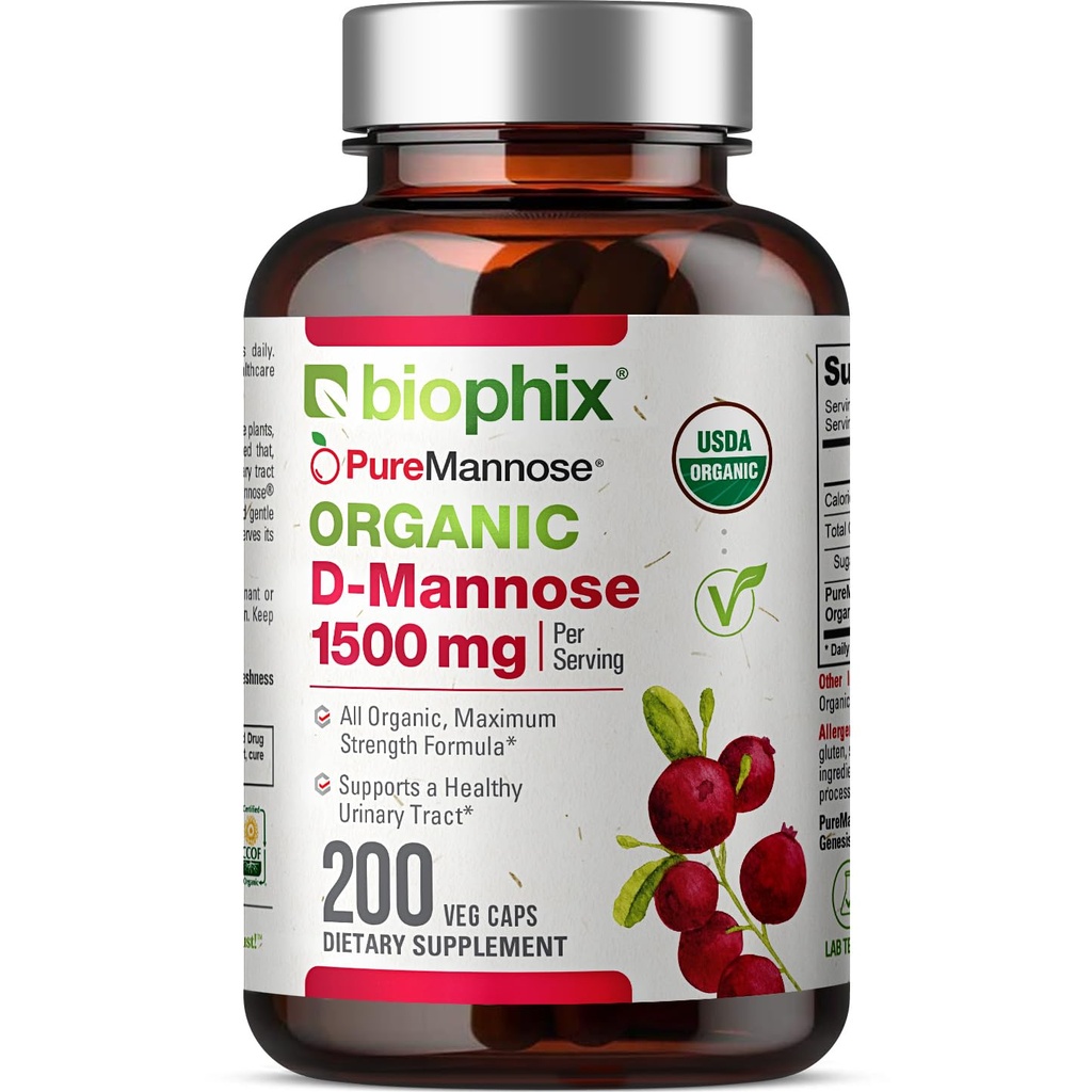 biophix D-Mannose USDA Organic 1500 mg 200 Veggie Caps - Supports a Healthy Bladder Urinary Tract, Non-GMO, Vegan-Friendly