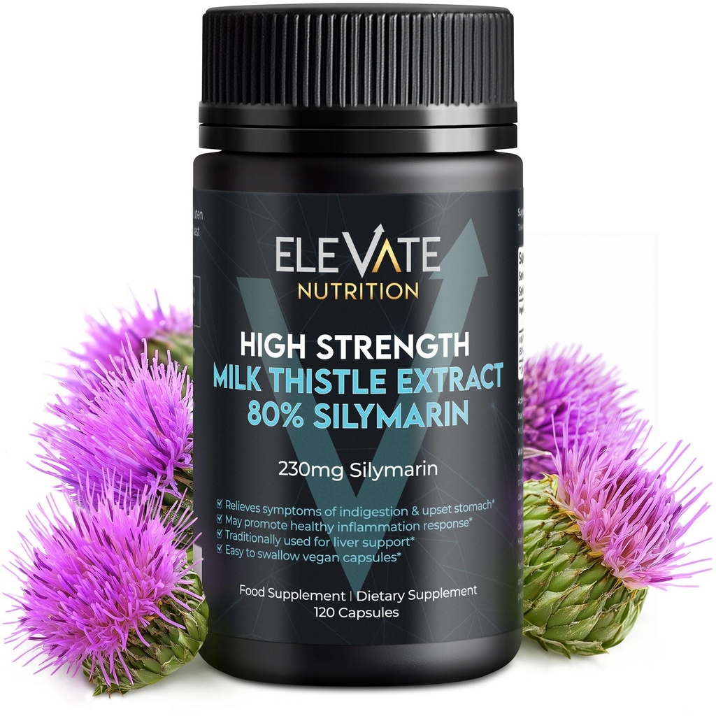 ELEVATE NUTRITION Milk Thistle - 288 mg, 80% Silymarin Extract - 120 Vegan Capsules - Dietary Health Supplement - Helps Maintain Liver Function & Digestive Comfort