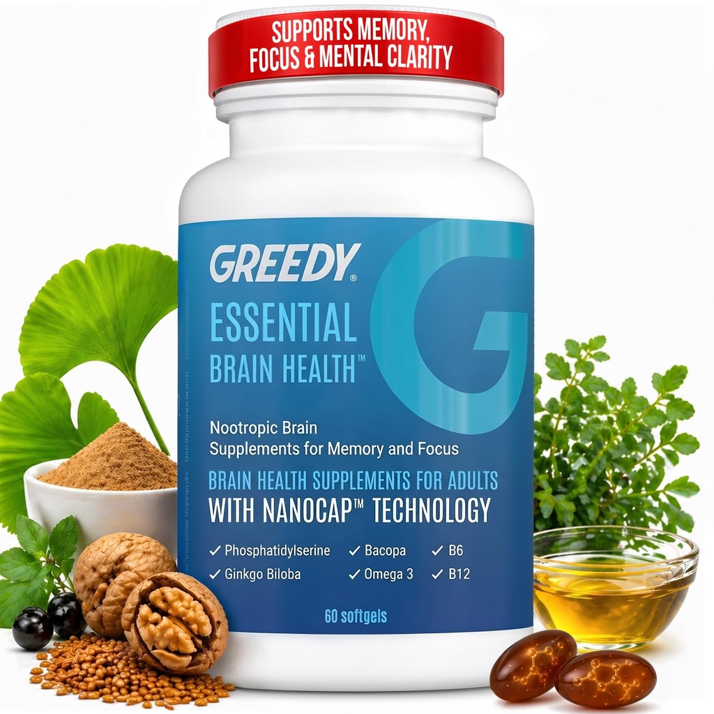 Essential Brain Health Supplements Nootropic for Memory and Focus – for Adults with NanoCap® Technology, Phosphatidylserine, Bacopa, Ginkgo Biloba, Omega 3, B6, B12, 60 Softgels by Greedy® Nutrition