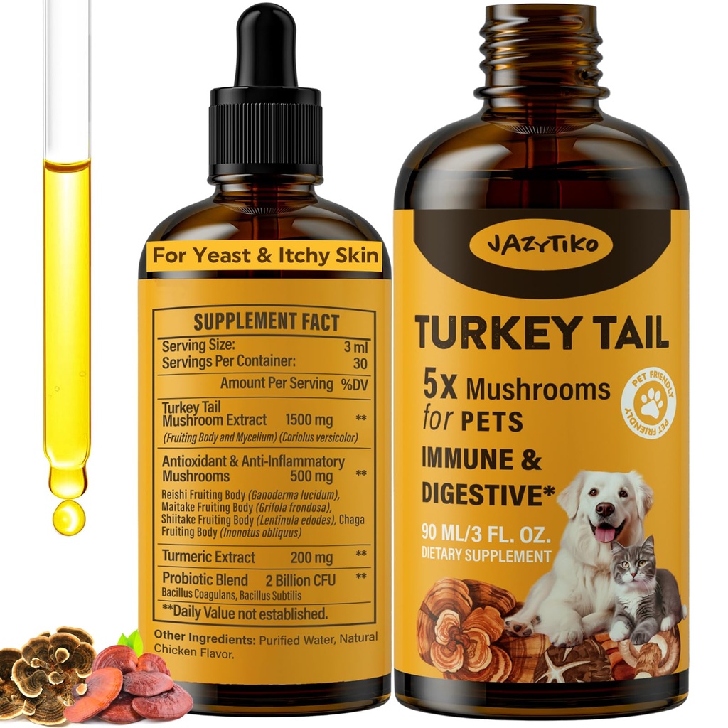 Turkey Tail Mushroom for Dogs - for Yeast & Itchy Skin, Turkey Tail Mushroom for Immune & Digestive, Joint, Energy, 5X Mushrooms for Pet Drop with Turmeric & Probiotic - Vet Formulated, 90 ML