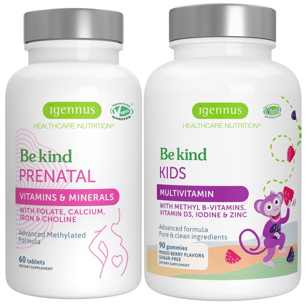 High Absorption Methylated Prenatal + Advanced Kids Multivitamin Gummy Vegan Bundle, Clean Label with Vitamin A, B, C, D3 & E, 60 Tablets + 90 Berry Flavor Gummies, Be Kind by Igennus