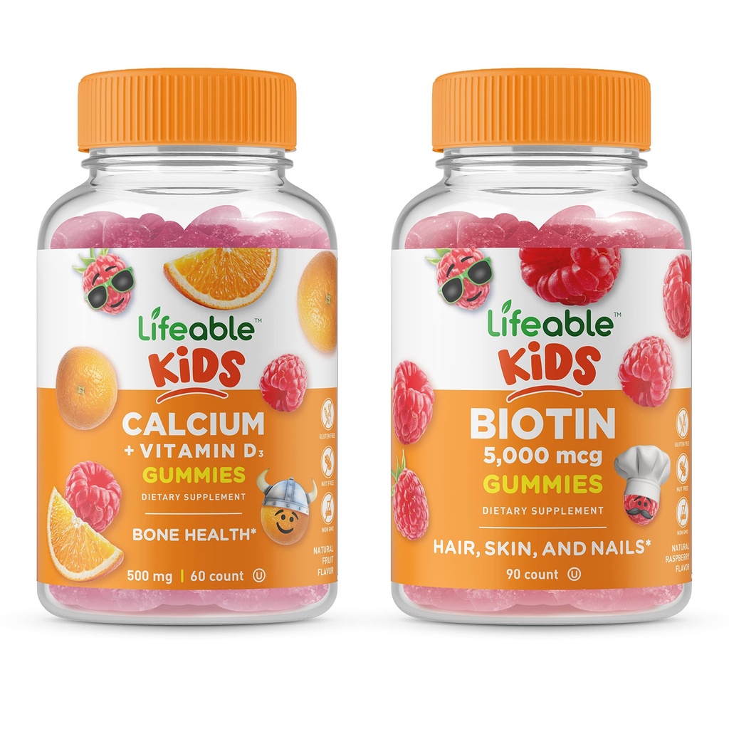 Lifeable Biotin Kids + Calcium with Vitamin D Kids, Gummies Bundle - Great Tasting, Vitamin Supplement, Gluten Free, GMO Free, Chewable Gummy