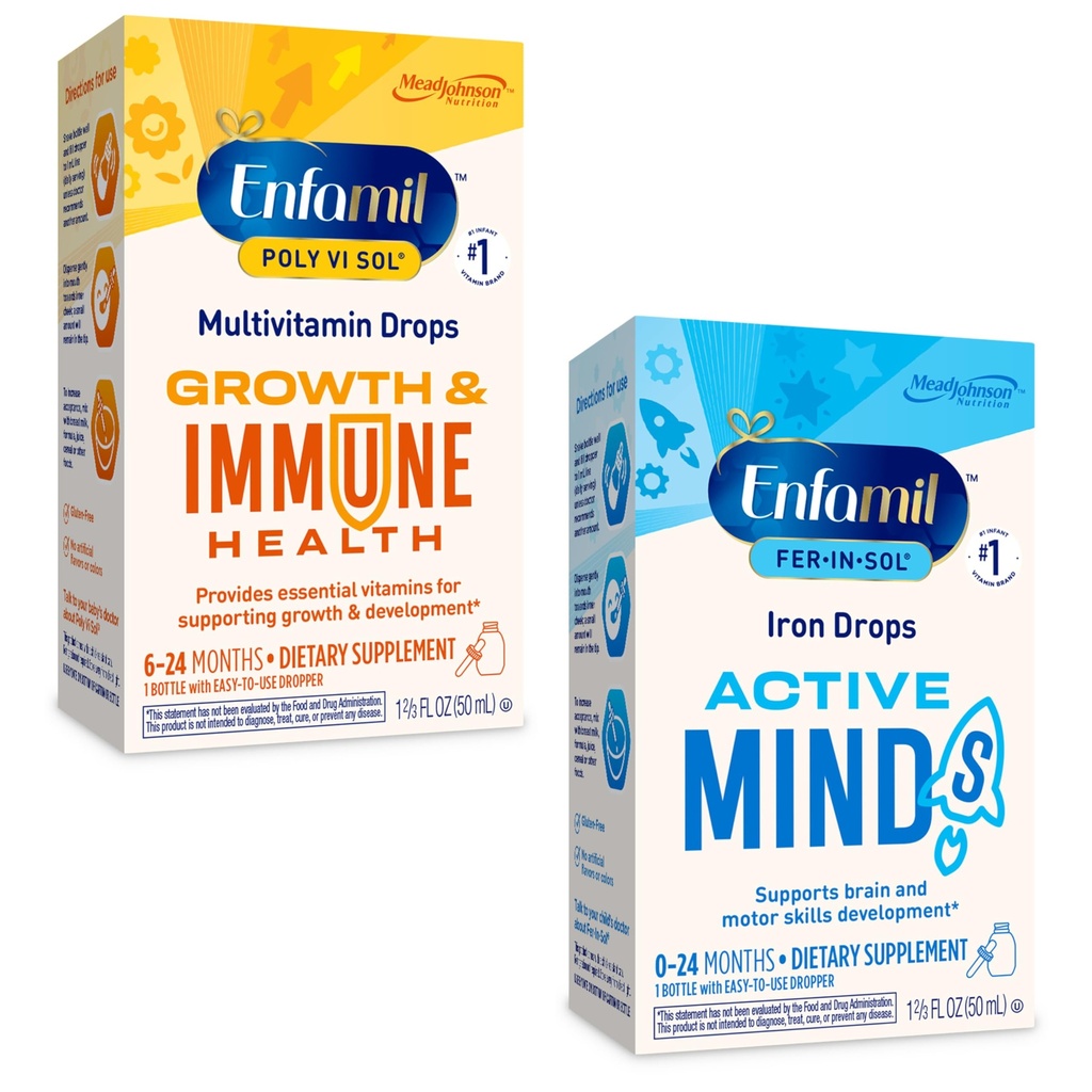 Enfamil Poly-Vi-Sol and Fer-in-Sol Iron Liquid Drop Multivitamin Supplements for Infants and Toddlers, 2x50 mL Dropper Bottle