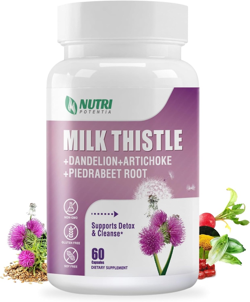 Milk Thistle Supplement with Dandelion Root, Artichoke Extract, 80% Silymarin for Liver Support- Liver Cleanse Detox & Repair Formula, Non-GMO - 60 Capsules