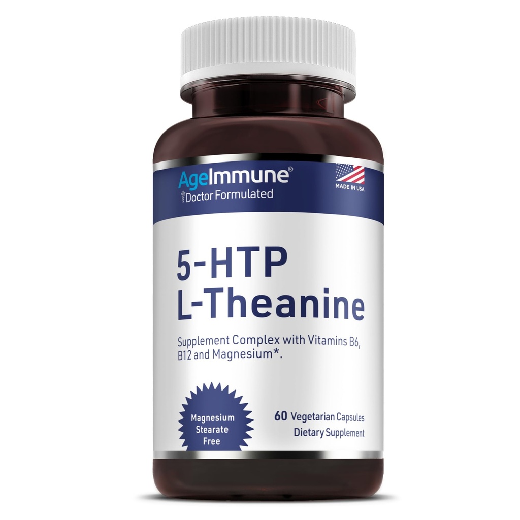 5-HTP 100mg with L-Theanine 400 mg Formula for Stress Relief and Relaxation Support for Teens and Adults with Vitamins B6 - B12 and Magnesium Bisglycinate - Doctor Formulated – without stearates.