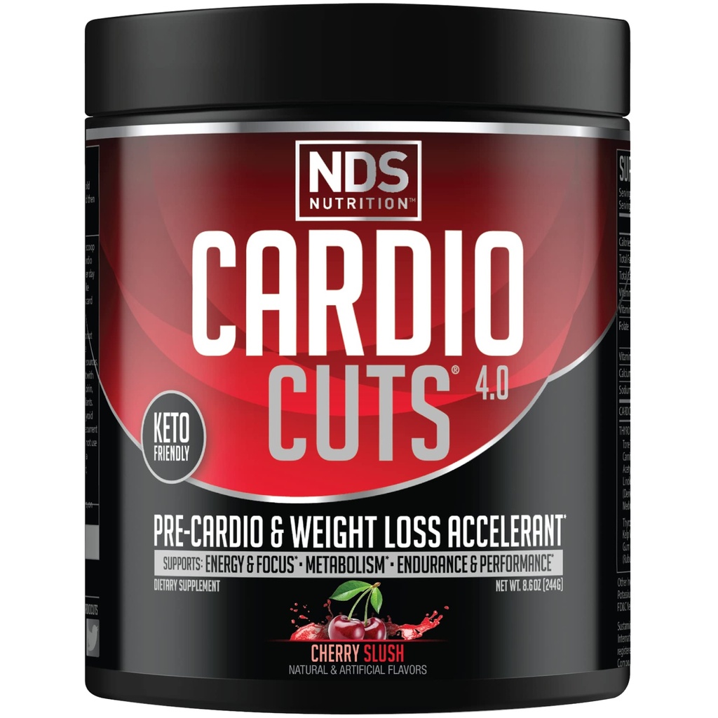 Cardio Cuts NDS Nutrition 4.0 Pre Workout Supplement - Advanced Weight Loss and Pre Cardio Formula with L-Carnitine, CLA, MCTs, L-Glutamine, and Safflower Oil - Cherry Slush (40 Servings)
