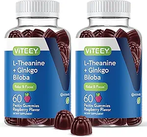 Viteey L-Theanine Gummies with Ginkgo Biloba for Adults - aids in Focus & Relax, Improve Mood - Non GMO, Gelatin Free, Vegan, Gluten Free, Naturally Sourced Chewable Tasty Raspberry Flavored Gummy