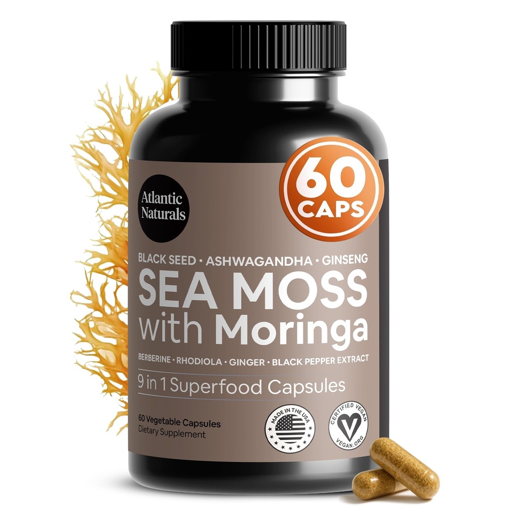 Atlantic Naturals Sea Moss Capsules – Irish Sea Moss with Black Seed Oil, Ashwagandha, Moringa, Ginseng & Ginger for Energy, Vitality & Wellness – Nutritional Supplement – Made in USA – 60 Capsules