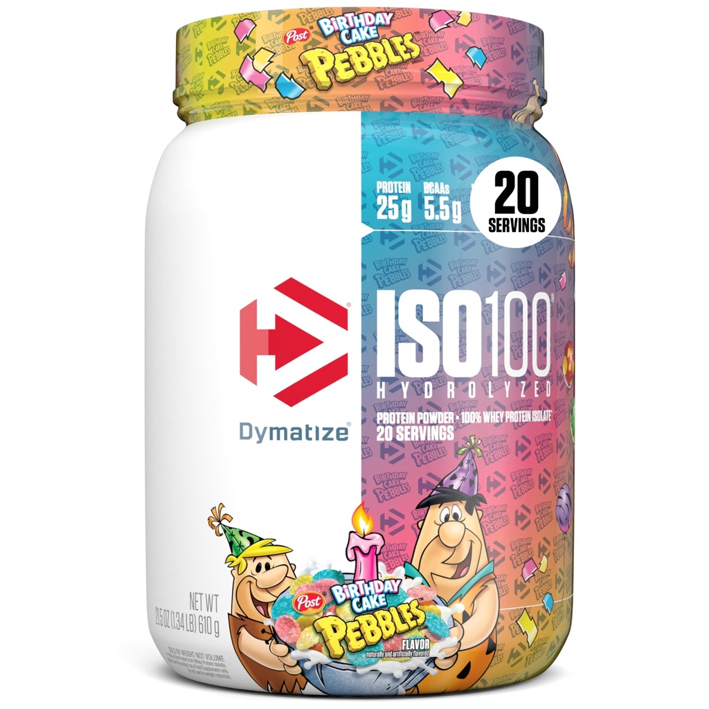 Dymatize x Birthday Cake Pebbles ISO100 Whey Protein Powder Isolate, 25g of Protein, 20 Servings, 5.5g BCAAs, 120 Cal., Gluten Free, 1g Fat, 1g Sugar, 2g Carb