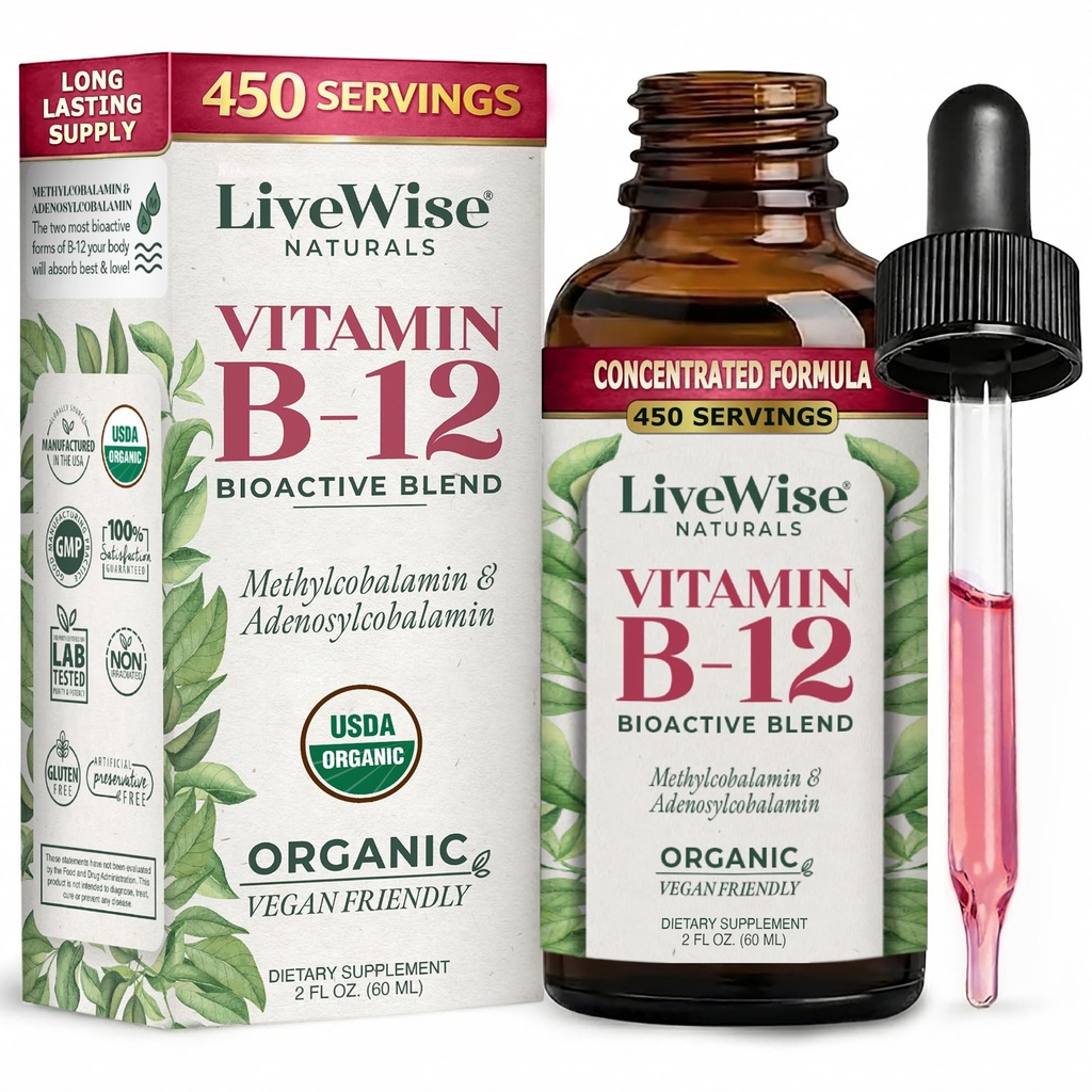 Organic Vitamin B12 1000 mcg Sublingual Liquid Drops, Unflavored, 2 oz | Methylcobalamin & Adenosylcobalamin, Bioactive Blend for Energy, Clarity & Focus, Vegan, Non-GMO, For Adults, 1 Year+ Supply
