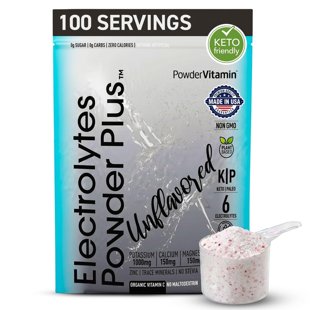 PowerVitamin Unflavored Electrolytes Powder No Sugar for Daily Energy - Keto Electrolytes - Hydration Powder with 1000mg Potassium, 120mg Calcium, Magnesium, No Stevia, 100 Servings