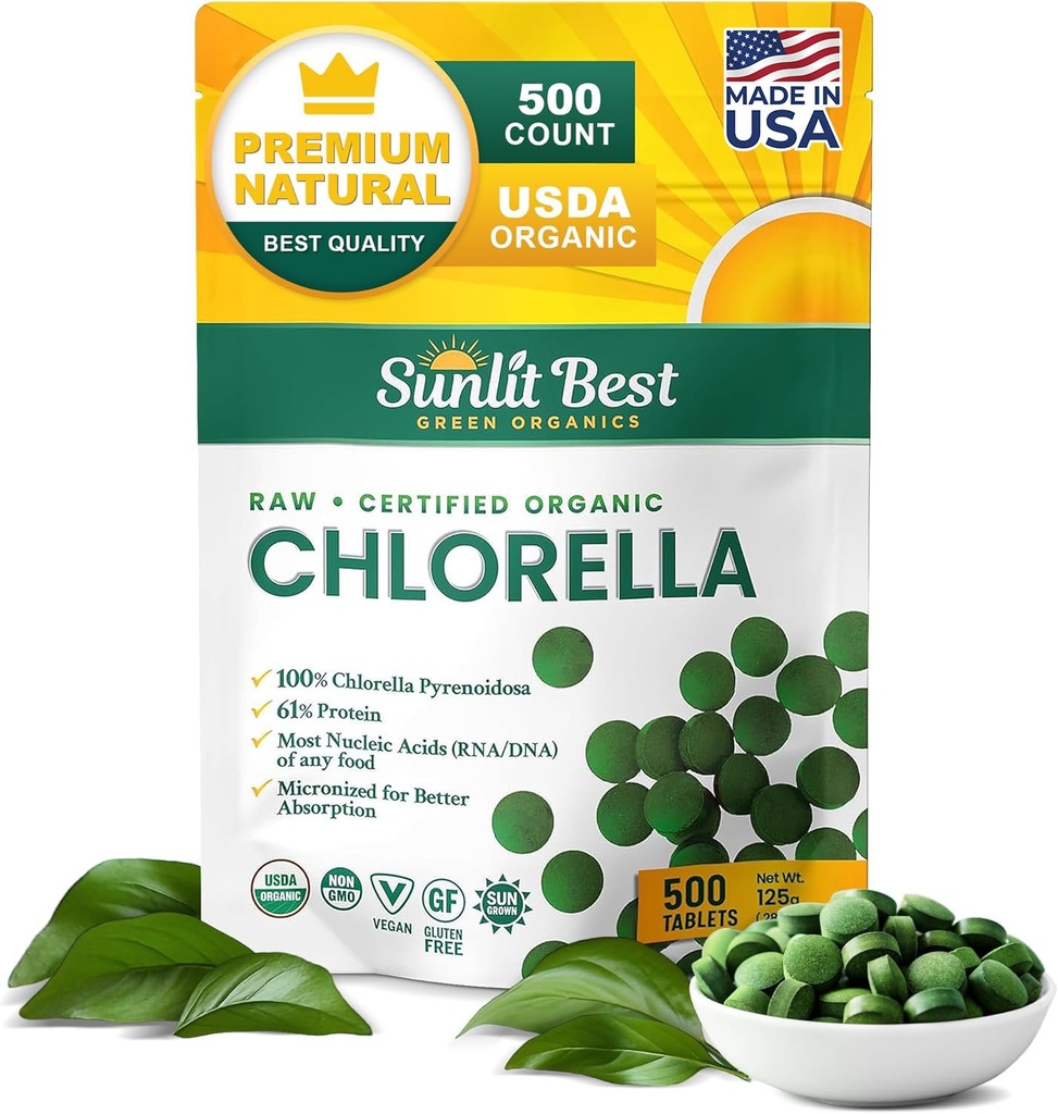 Sunlit Best USDA Organic Premium Chlorella Tablets 500 Tabs | 100% Pure Chlorella Superfood Supplement High in Protein, Chlorophyll, Vitamins, & Minerals | Supports Good Health, Wellbeing & Recovery