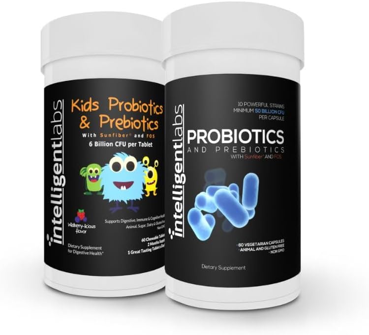 Intelligent Labs 2-in-1 Bundle of Kids Probiotics (6 Billion CFU with Sunfiber and FOS) + Adult Probiotics (50 Billion CFU, 10 Strains), No Refrigeration Needed, 2 Months Supply Per Bottle