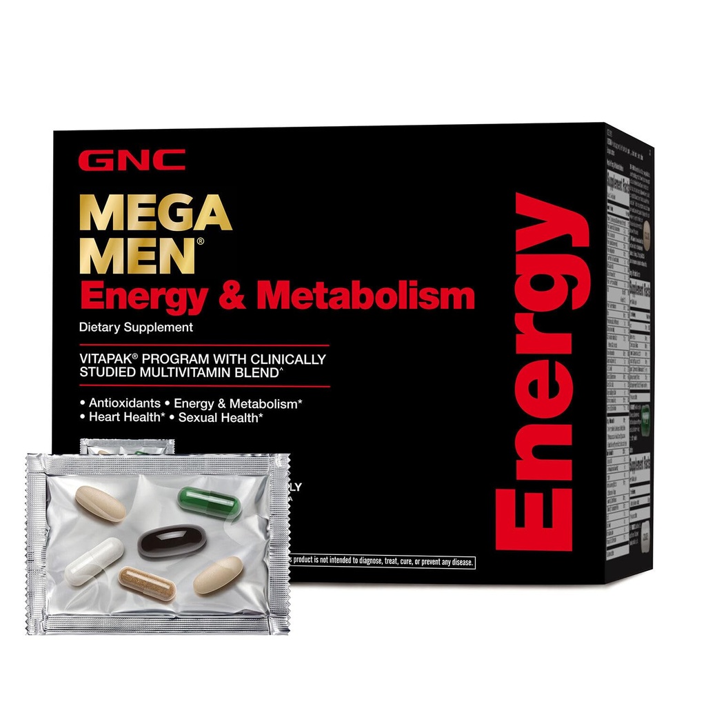 GNC Mega Men Energy and Metabolism Vitapak Program for Men, Convenient, Complete Nutrition, 5 Products in 1 Packet, Calorie Burn, Thermogenic, 300mg Caffeine, 30 Daily Packs