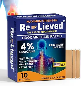 Re-lieved 4% Lidocaine Patches Maximum Strength - Aluminum-Free, Water Resistant and USA Made -Superior Sticking Pain Relief Patches Quickly Relieves Back, Joints and Muscle Pain-3x6 Inches(10 Count)