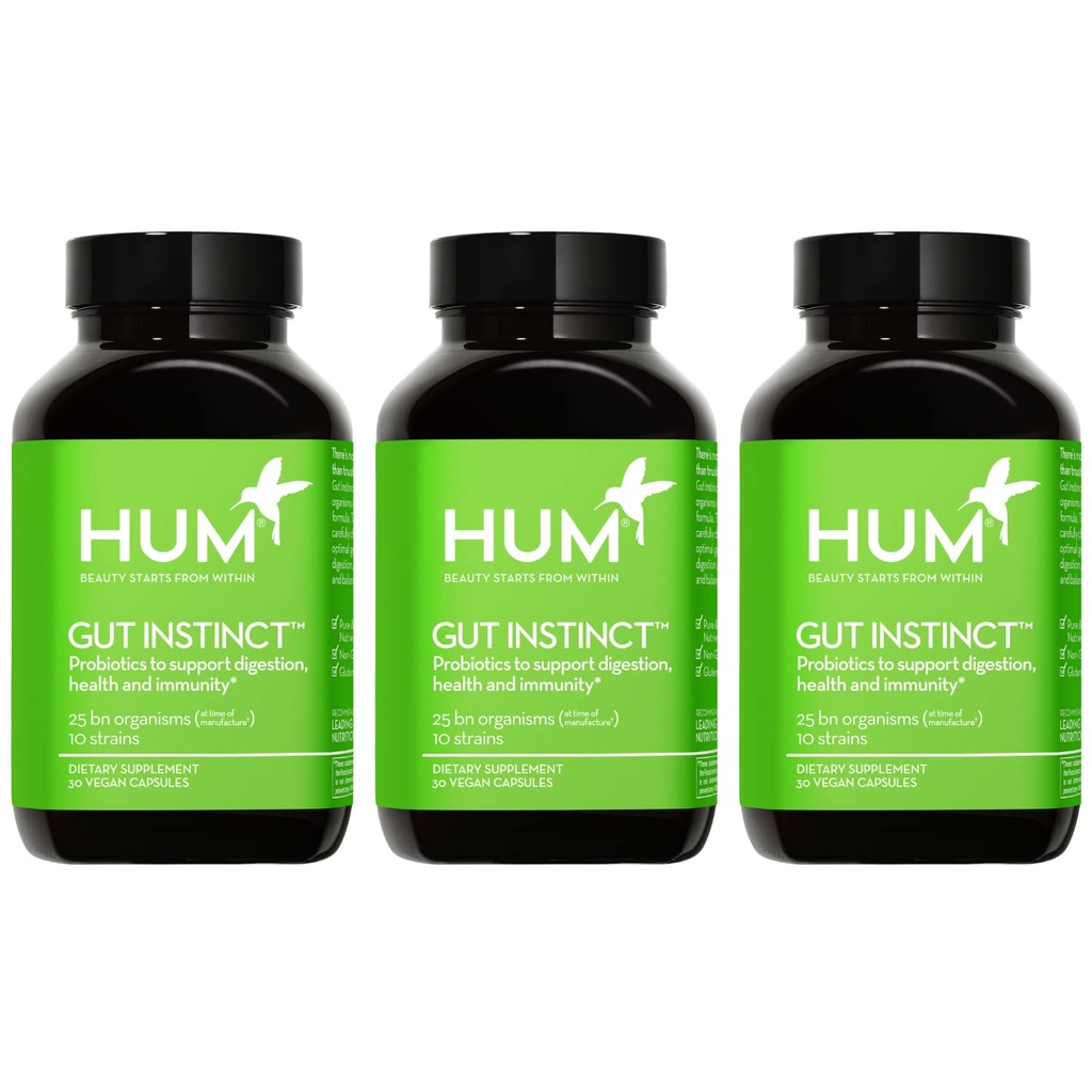 HUM Gut Instinct Daily Probiotics for Women and Men, Digestive Health, Lactobacillus, Bifidobacterium Strains for Immune Support, Probiotic Supplement for Healthy Gut Diversity, 90 Capsules