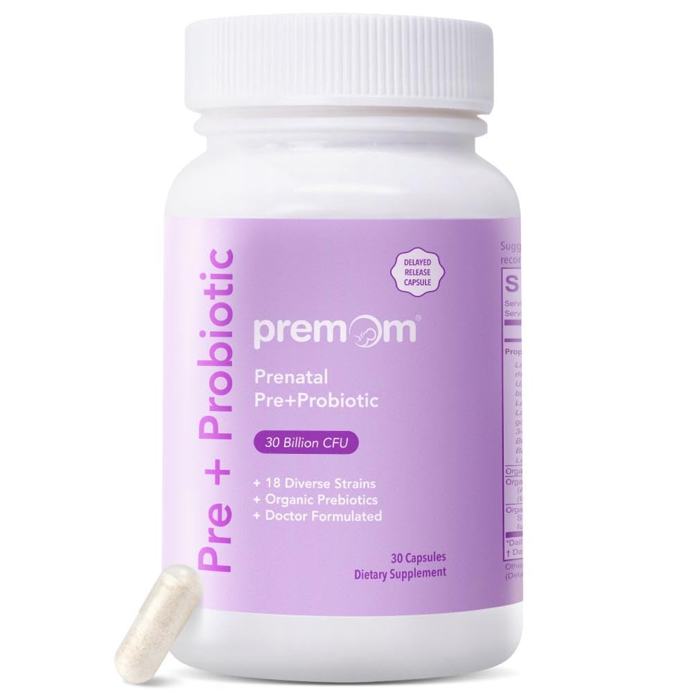 Premom Prenatal Prebiotics & Probiotics for Women, 30 Billion CFU, 18 Strains, Organic Prebiotic & Womens Probiotic, Vaginal, Gut, & Digestive Health + Immune Support Supplement*, 30 Veggie Capsules