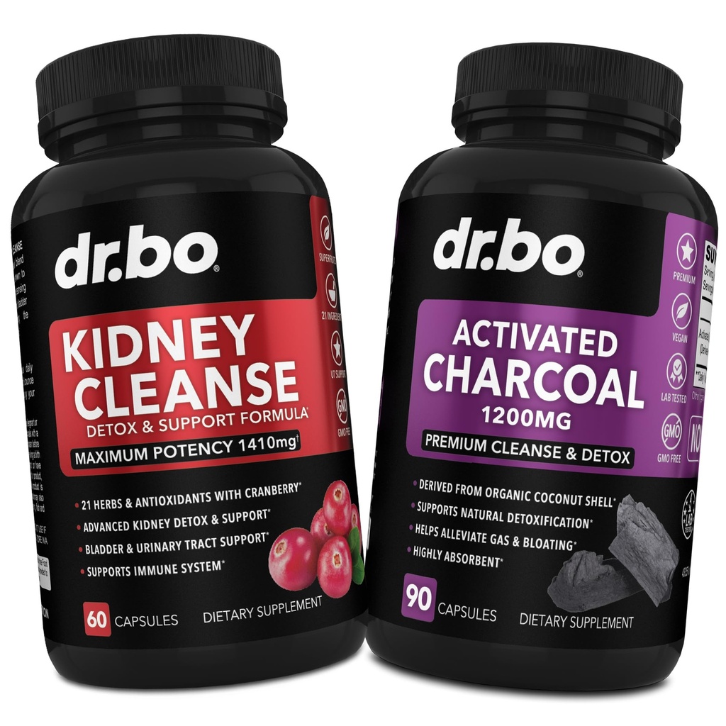 DR. BO Kidney Cleanse Detox & Activated Charcoal - Natural Cranberry & Uva Ursi Extract to Support Kidneys, Bladder & Urinary Tract Health - Coconut Charcoal Pills for Stomach Gas & Bloating Support