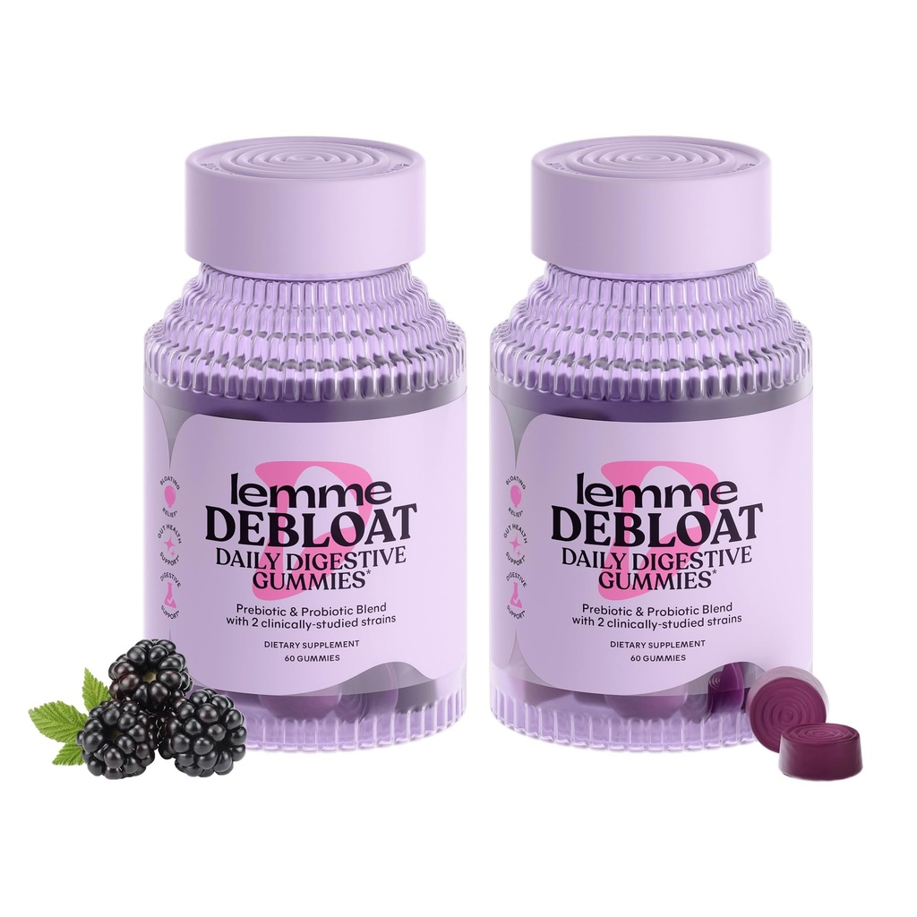 Lemme Debloat - Digestive & Gut Health Gummies with 2 Clinically Studied Probiotics & Prebiotic, Vegetarian, Gluten Free, Non GMO, BlackBerry Flavor (60 Count) (Pack of 2)