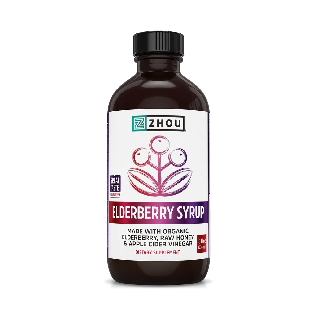 Zhou Nutrition Elder-Mune+ Syrup - Organic Black Elderbery Syrup for Adults, Immune Support Elixir with Apple Cider Vinegar, Echinacea Tincture, Natural Wellness - 8 Fl Oz Glass Bottle