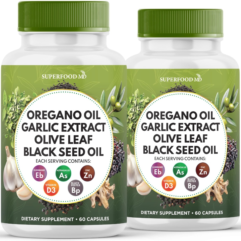 Superfood MD Oregano Oil, Garlic Extract, Olive Leaf, Black Seed Oil, Astragalus-Immune Support & Digestive Health Supplement for Women and Men- 120 Count