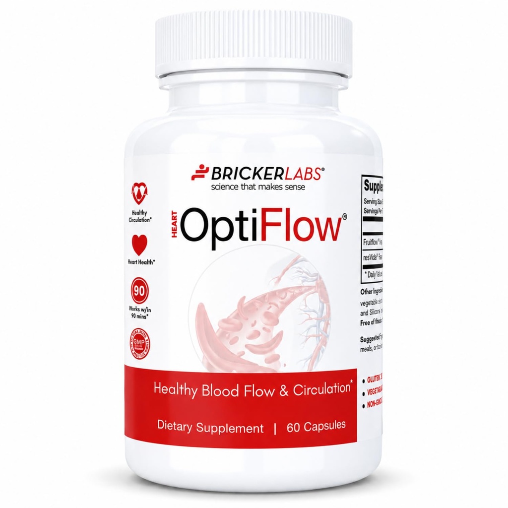 Bricker Labs OptiFlow Circulation Supplement – Supports Healthy Blood Flow & Cardiovascular Function, Vascular Health with FruitFlow & resVida Resveratrol, Gut-Friendly Formula, 60 Capsules
