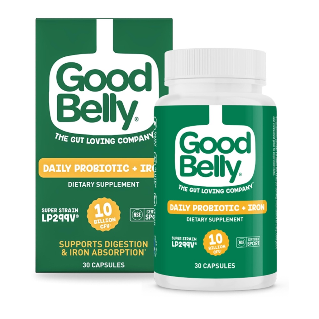 GoodBelly Probiotic Capsules for Digestive Health & Iron Absorption | Vegan Probiotic Supplement with 10 Billion Live Cultures | Probiotics for Women & Men | 30 Capsules