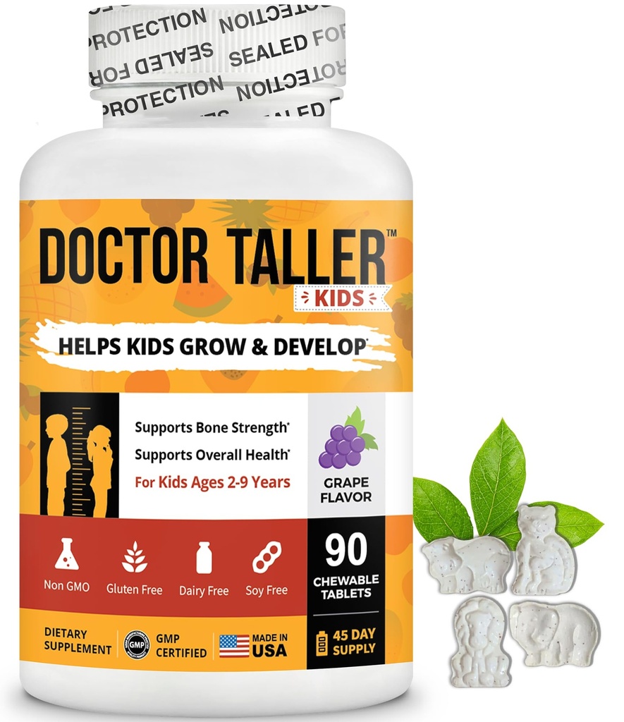 Doctor Taller Kids - Kids Multivitamins, Toddler Vitamins - Support Bone Strength, Enhanced Immunity with Calcium, Multivitamins for Ages 2 to 9 - Grape Flavor - 90 Chewable Tablets | 6 Weeks Supply