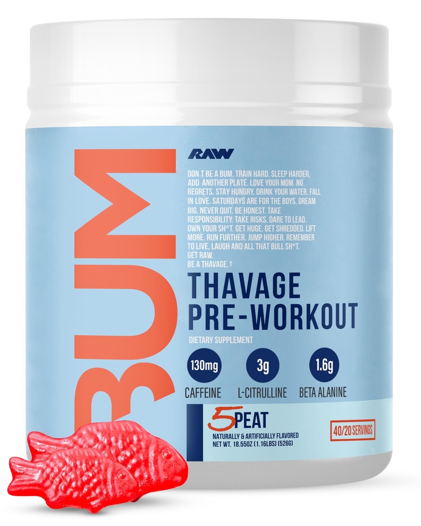 RAW Pre Workout Powder, Thavage (5 Peat, Red Gummy) - Chris Bumstead Sports Nutrition Supplement for Men & Women - Cbum Pre Workout for Working Out, Hydration, Mental Focus & Energy - 40 Servings