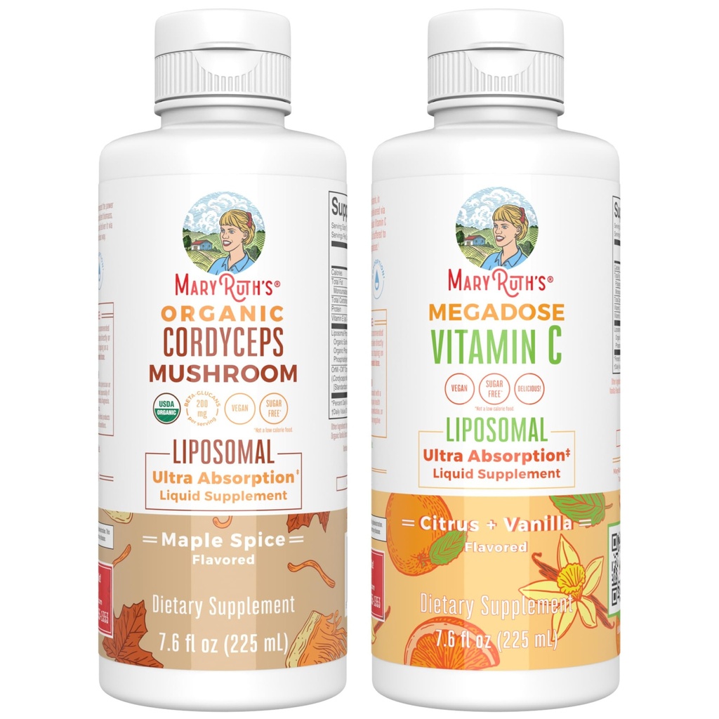 MaryRuth Organics Cordyceps Liposomal (Maple Spice) & Vitamin C (Citrus & Vanilla) | Clean Label Project Verified® | Vitamins for Immunity, Skin, & Overall Health | Vegan, Non-GMO, Gluten-Free