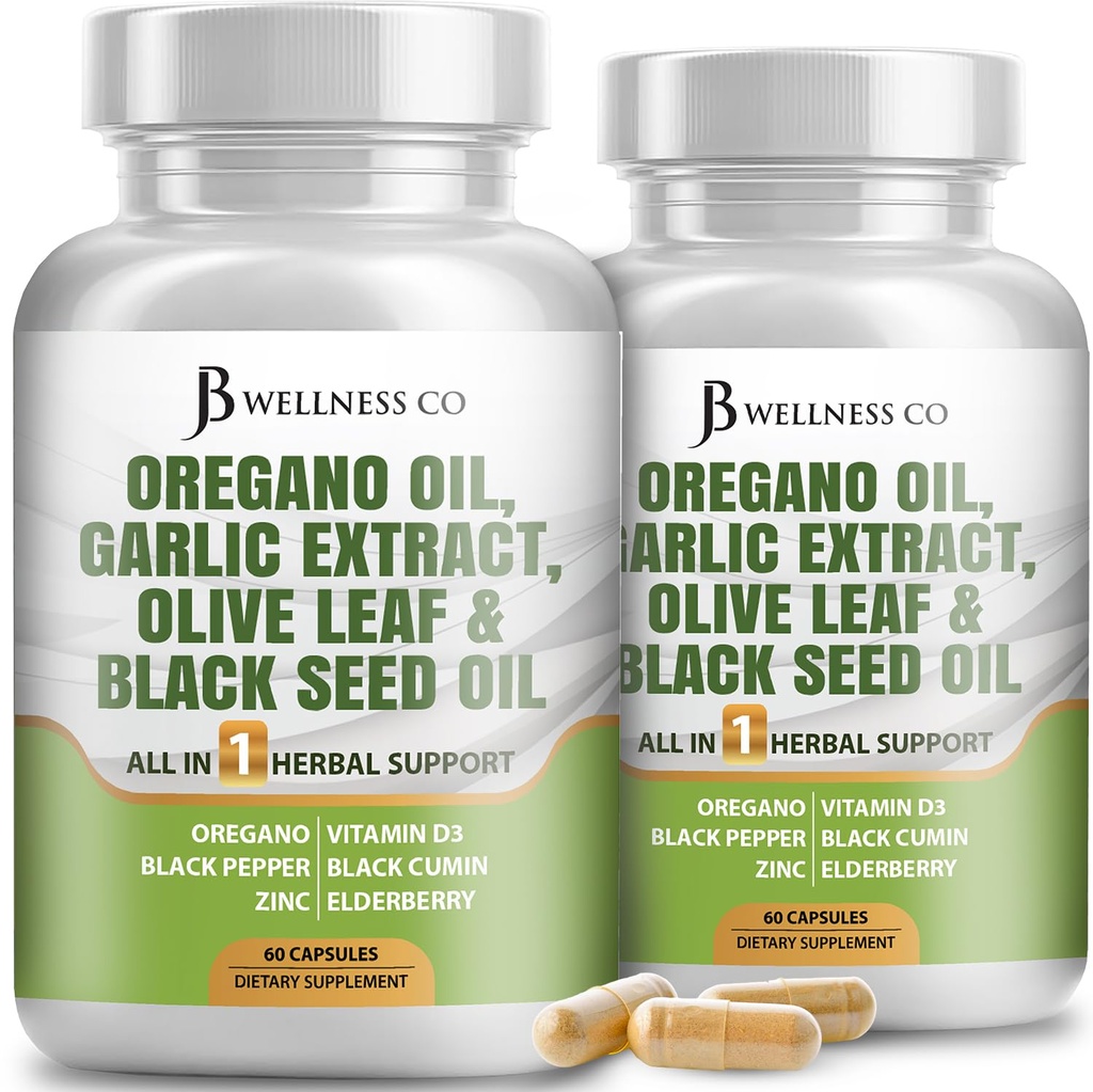JB Wellness Oregano Oil, Garlic Extract, Olive Leaf, with Astragalus - Immune Support & Digestive Health Supplement for Women and Men - 120 Count