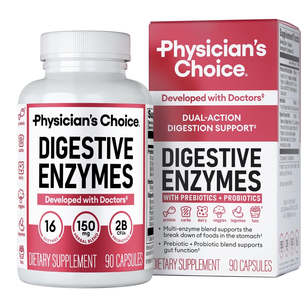 Physician's CHOICE Digestive Enzymes for Bloating & Digestion - 16 Enzymes with Organic Prebiotics & Probiotics for Gut & Digestive Health - Meal Time Discomfort Relief - Dual Action Support - 90 CT