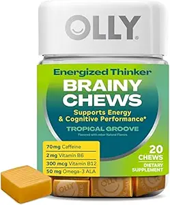 OLLY Energized Thinker Brainy Chews, 70mg of Caffeine, Vitamin B12 & Omega-3, Energy Supplement, Tropical Flavored, Vegetarian, 20 Count