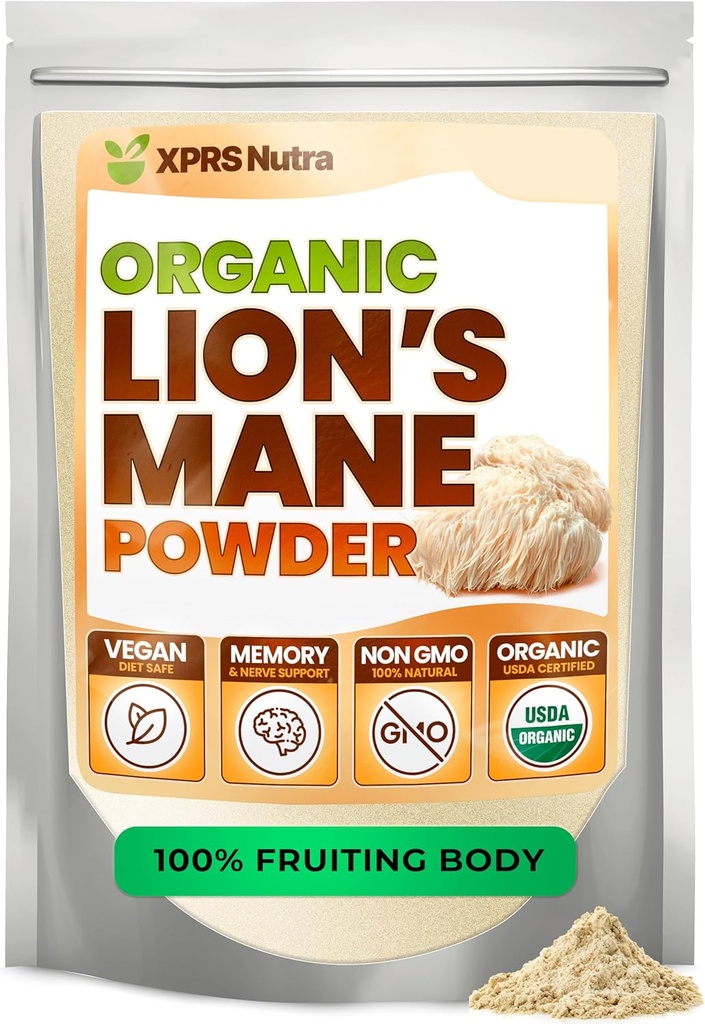 XPRS Nutra Organic Lion's Mane Mushroom Powder - Premium for Mental Clarity, Cognition and Immunity - Vegan Friendly (16 oz)