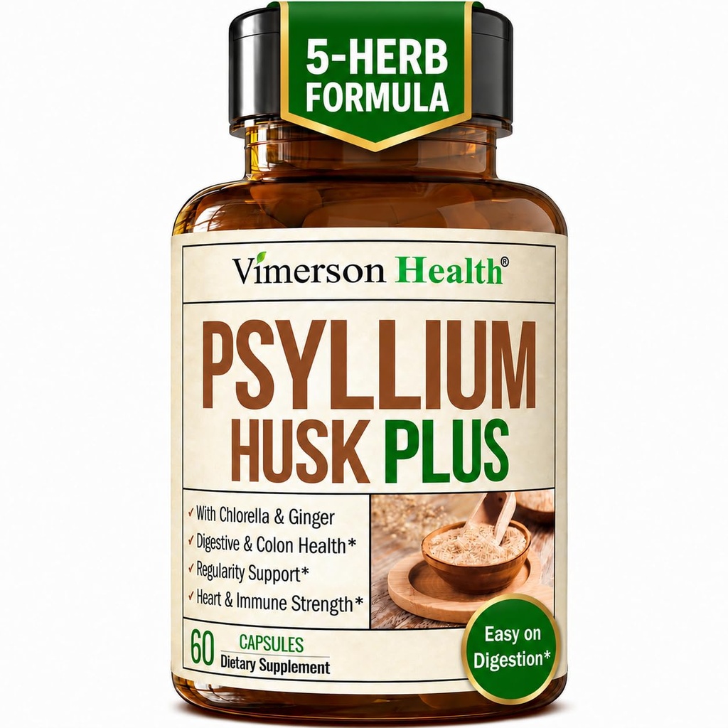 Psyllium Husk Powder 1080mg Fiber Supplement - Psyllium Husk Capsules with Slippery Elm and Ginger Root for Regularity, Digestive and Gut Health - Gentle on Stomach - Non-GMO - 60 Vegan Capsules