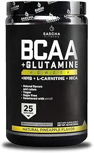 SASCHA FITNESS BCAA 4:1:1 + Glutamine,HMB,L-Carnitine, HICA | Powerful and Instant Powder Blend with Branched Chain Amino Acids (BCAAs) for Pre, Intra and Post-Workout|Natural Pineapple Flavor,362.5g