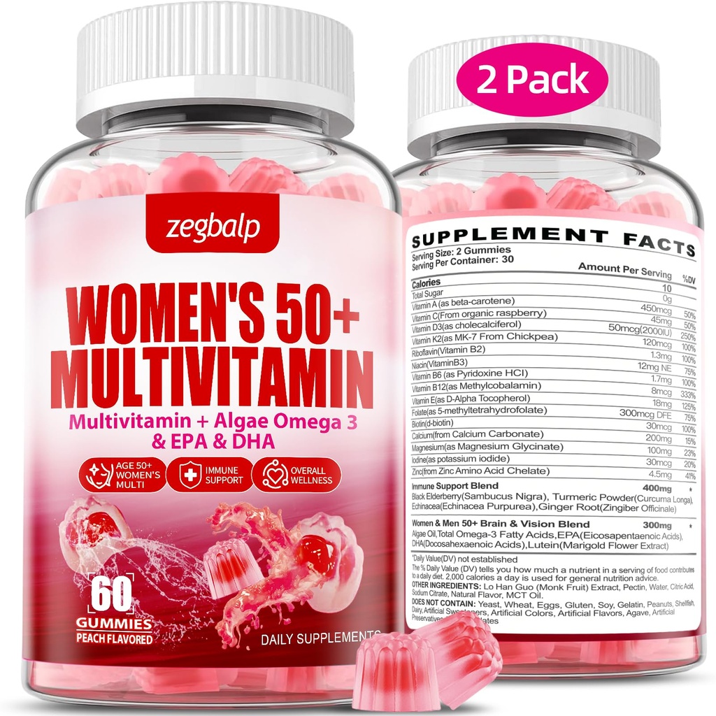Womens Multivitamin 50 Plus Gummies - Methylated Multivitamins Gummy | with Vitamin A C D3 E K2, B Complex, Calcium, Magnesium, Zinc, Folate, Biotin - Multi Vitamins & Minerals - Sugar-Free