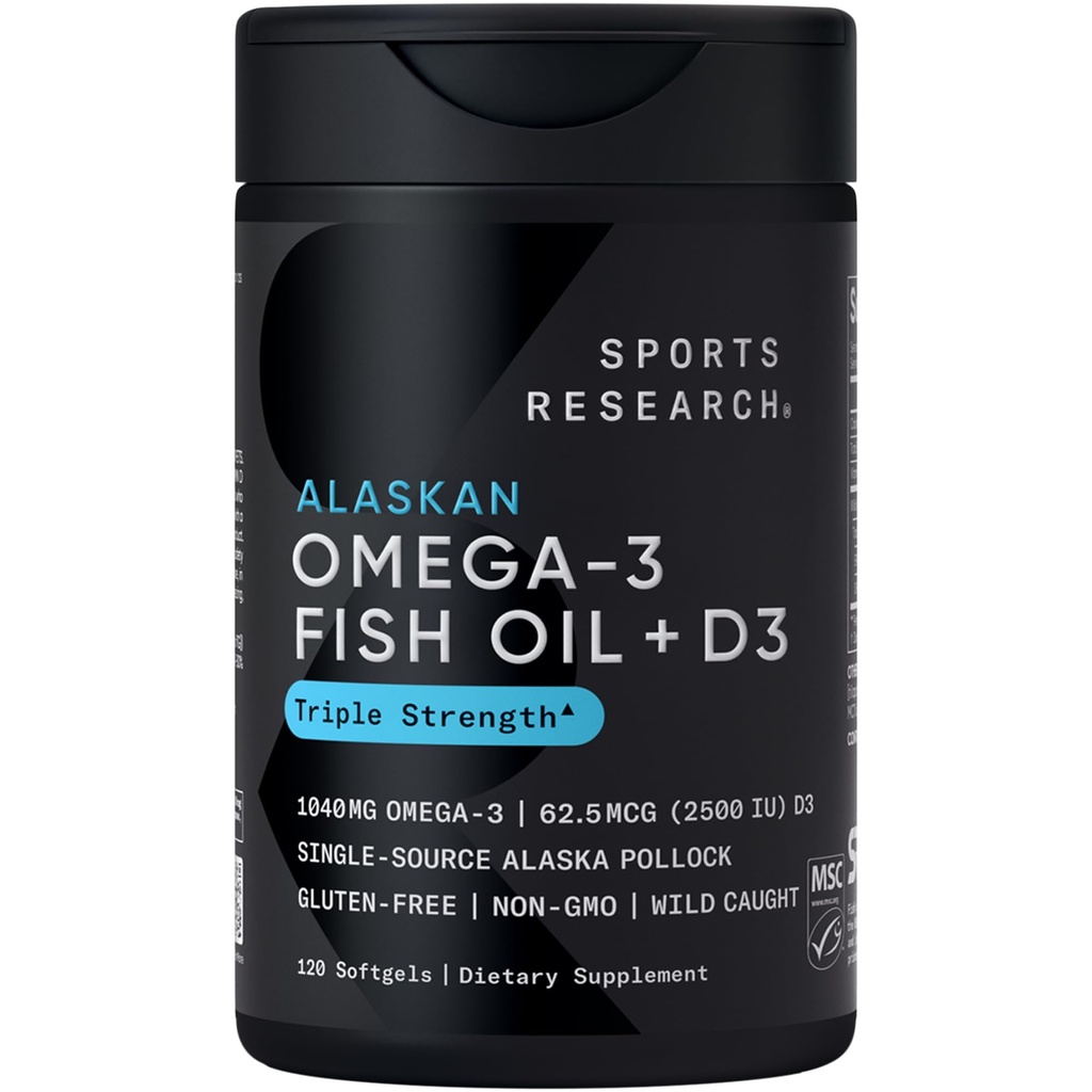 Sports Research Triple Strength 1040mg Omega-3 from Wild Alaska Pollock with Vitamin D3 2500iu | 2-in-1 Vitamin D & Omega DHA Fish Oil Supplement Supporting Heart Health - 120 Softgels
