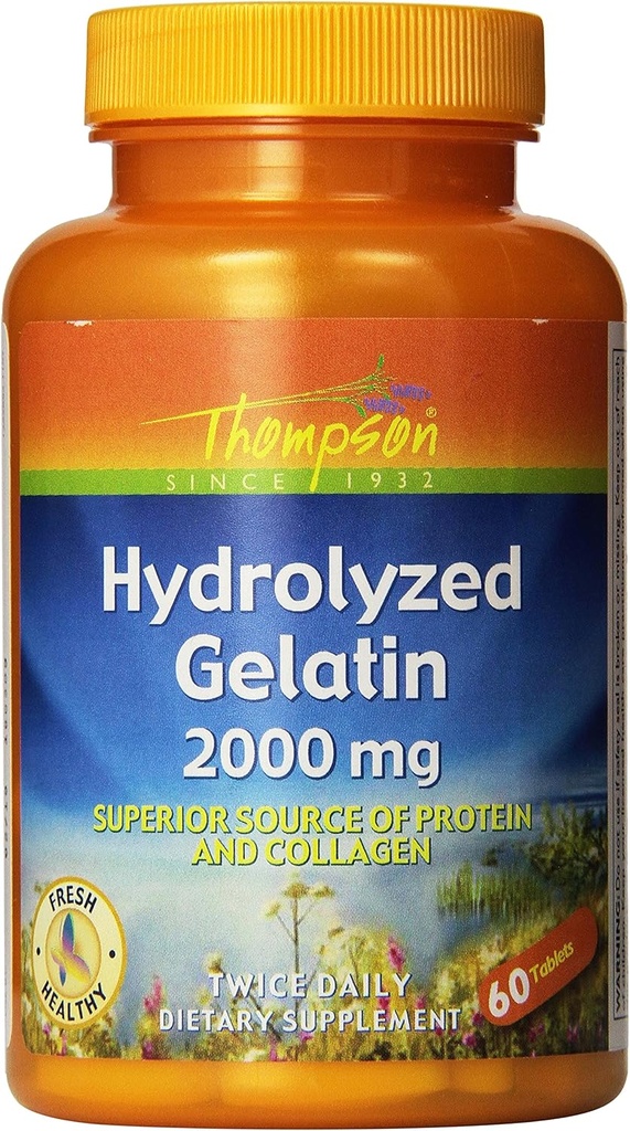 Thompson Hydrolyzed Gelatin 2000mg | Bovine-Sourced Protein & Collagen for Healthy Cells & Nails Support | Enhanced Absorption | 60 Tablets | Pack of 2