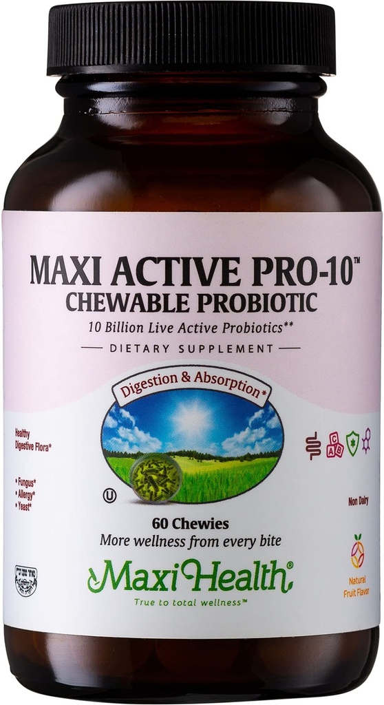 Maxi Health® Probiotics for Kids, 10 Billion CFU (60 Count) | Kosher | 15-Strain Kids Probiotic | Fruit Punch Chewables for Digestive Health | Vegetarian · Non-GMO | Doctor Formulated