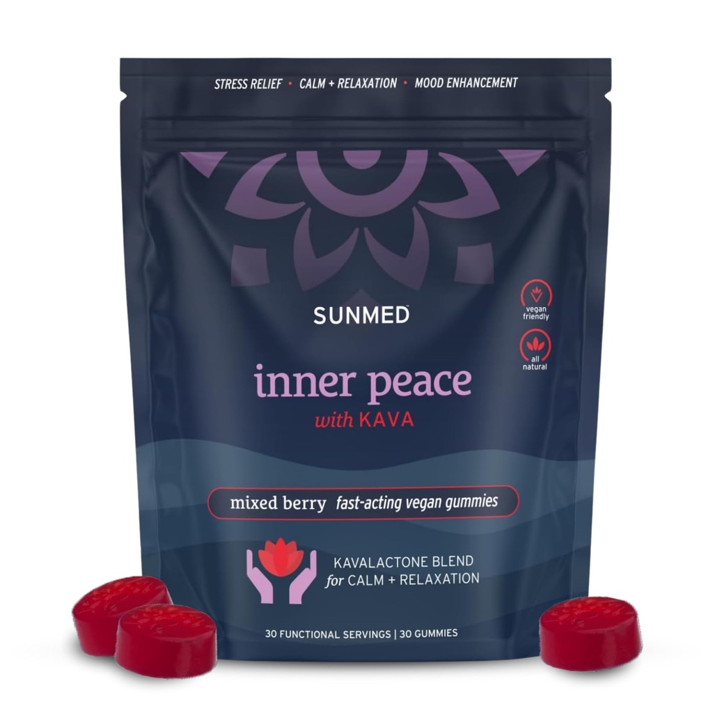 SUNMED Kava Gummies for Stress Relief & Deep Calm | 100mg Kavalactones | Vegan, Pacific Island Root Extract | Mixed Berry Flavor
