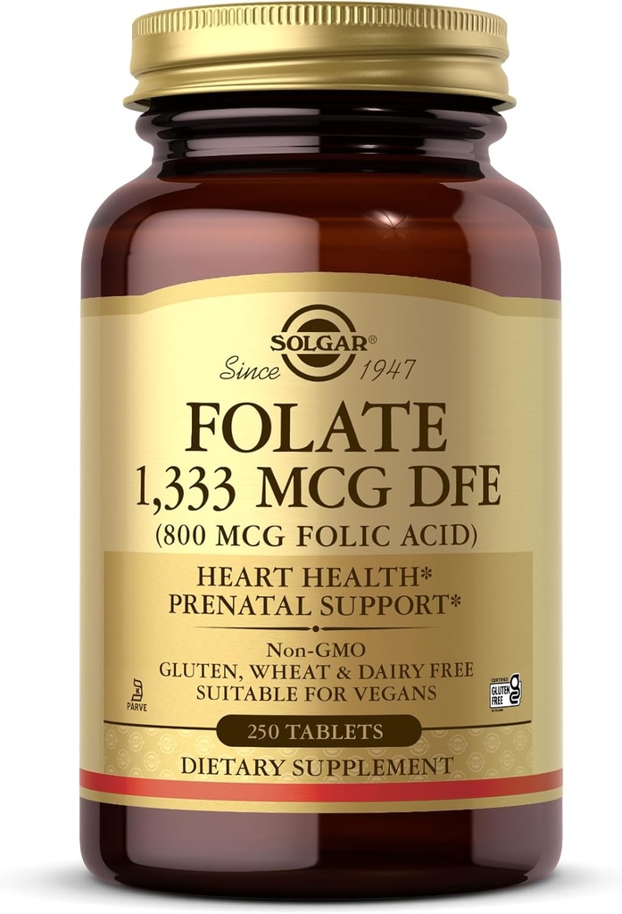 Solgar Folate 1,333 mcg DFE (Folic Acid 800 mcg) - 250 Tablets - Prenatal Support - Non-GMO, Vegan, Gluten Free, Dairy Free, Kosher - 250 Servings