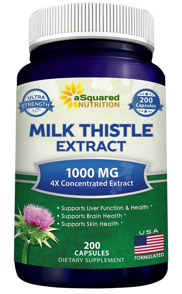 aSquared Nutrition Milk Thistle Supplement - 200 Capsules, 4X Concentrated Extract 4:1 Milk Thistle Seed Powder Herb Pills, Silymarin Extract for Liver Support, Cleanse, Detox - 250mg Per Capsule