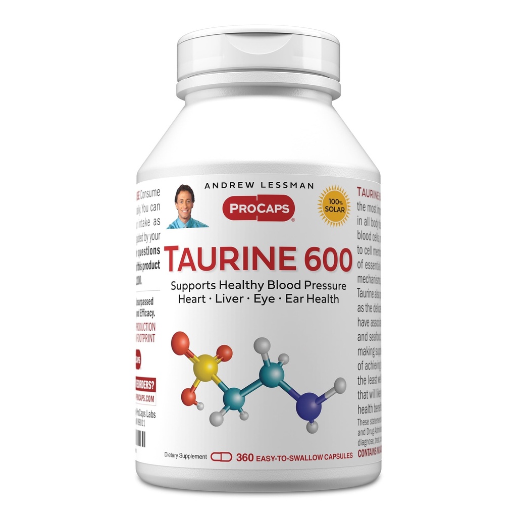 ANDREW LESSMAN Taurine 600-360 Capsules - Supports Healthy Blood Pressure, Heart, Liver, Eye and Ear Health. Pure, High Potency Source of The Amino Acid Taurine. No Additives